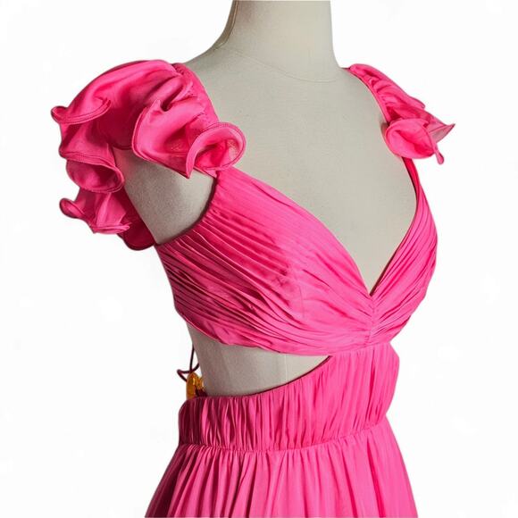 Mac Duggal 70254 Ruched Ruffled Shoulder Cut Out Lace Up Gown in Hot Pink Size 8 - Picture 13 of 14